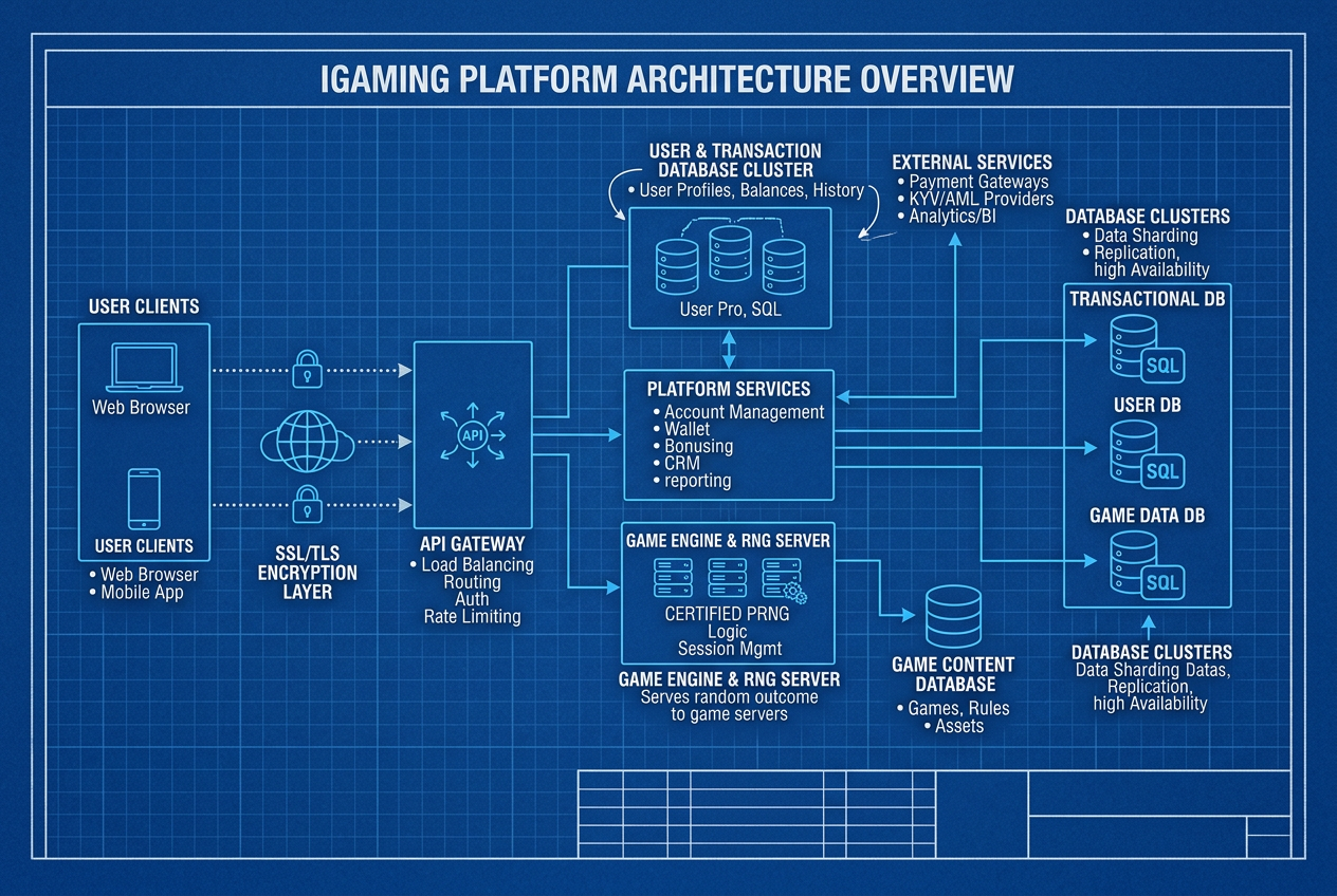 Technické schéma architektury iGaming platformy s prvky RNG a API