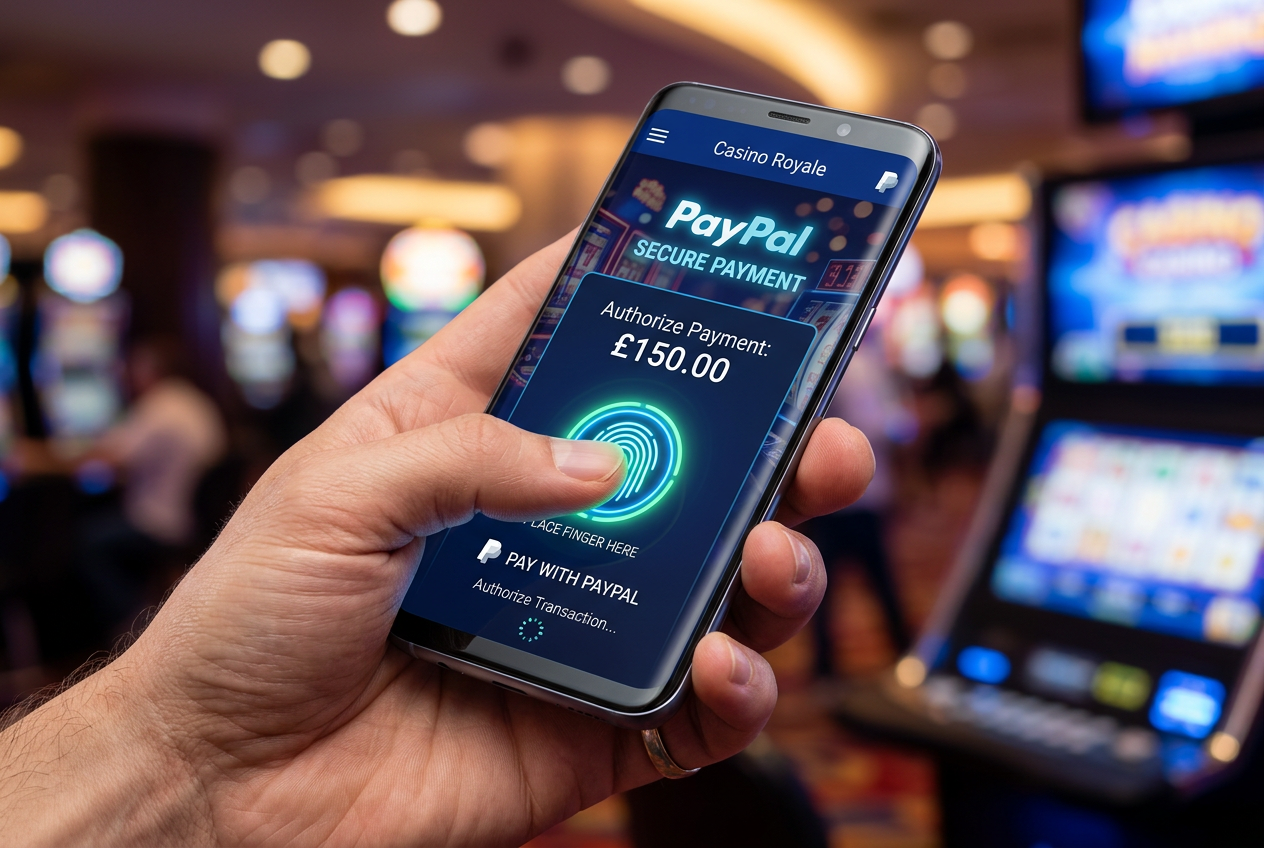 Detailní záběr na biometrické ověření platby PayPal v mobilní casino aplikaci